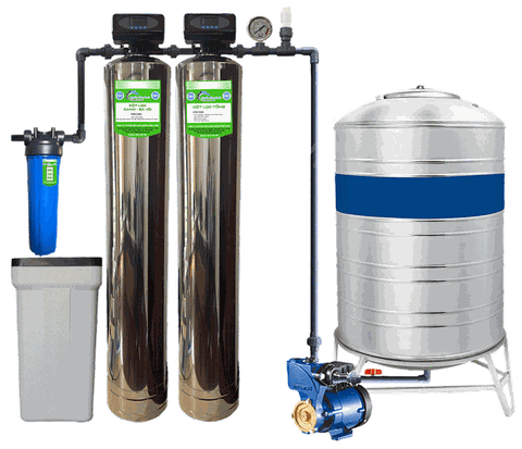 Hệ thống lọc tổng giếng khoan kết hợp làm mềm nước cứng 2 cột INOX NSX-AI2-GK